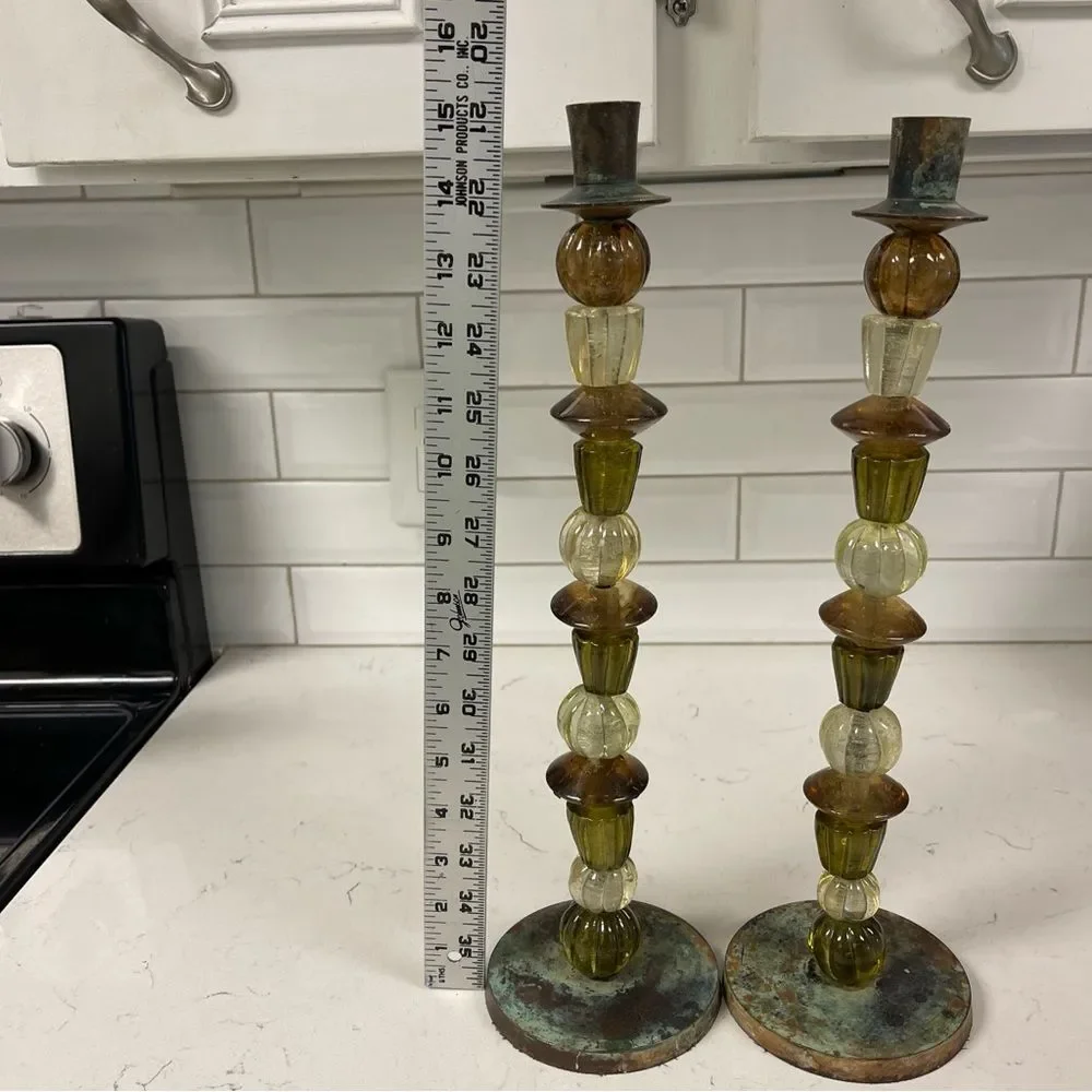 Zodax Candle Stick Holder Set of Green and Amber Glass Beads Bohemian